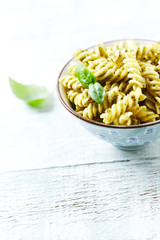 Fusilli Pasta with olive pesto and fresh herbs.