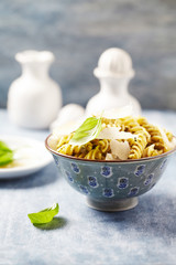 Fusilli Pasta with olive pesto, hard cheese and fresh herbs. 
