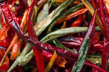 Colorful dried chili peppers close up.