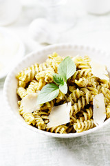 Fusilli Pasta with olive pesto, hard cheese and fresh herbs. 