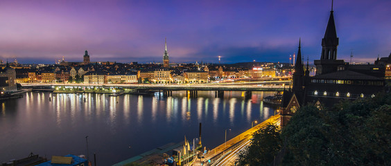 Sweden, Sotckholm City Skyline During Late Sunset, view from Old Town pier to Sodermalm district
