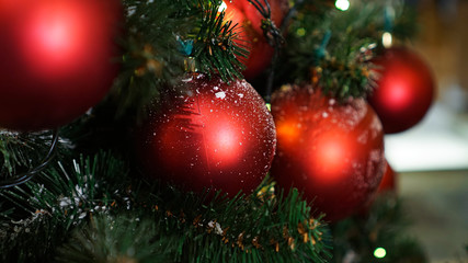 Christmas decorations on the Christmas tree. Red ball.