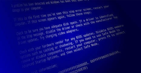 Blue screen of death. BSOD Screen computer monitor. Dark background.