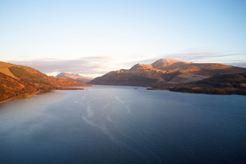 Loch Lomond aerial birdseye view from above showing islands in the Highlands Scotland UK