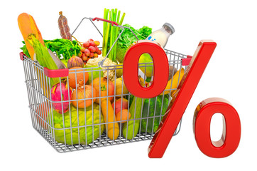 Shopping basket with products and red percent symbol, 3D rendering