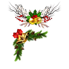 Christmas decorations with fir tree golden jingle bells