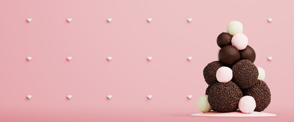 Valentine's Day and love background.  Sweet tree made of chocolate ball with pink heart on pink background. 3d rendering illustration.