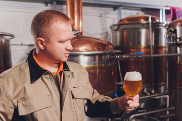 Mature man examining the quality of craft beer at brewery. Inspector working at alcohol manufacturing factory checking beer. Man in distillery checking quality control of draught beer.