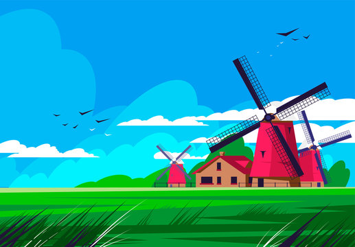 Vector illustration of Dutch rural landscape, with mills and house