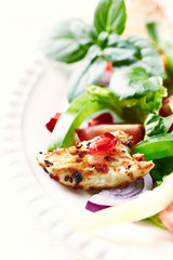 Healthy Salad with Pomegranate seeds, Chicken Briest, Green Pepper and fresh Basil. Close up. 