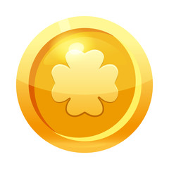 Game coin gold with clover leaf symbol, icon, game interface, gold metal