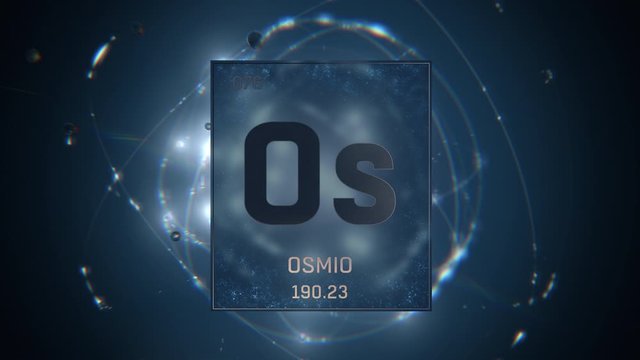 Osmium as Element 76 of the Periodic Table. Seamlessly looping 3D animation on blue illuminated atom design background with orbiting electrons. Name, atomic weight, element number in Spanish language