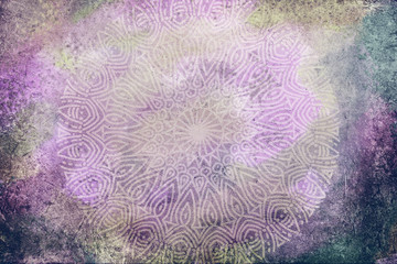 Light and bright purple and green textured watercolor background with hand drawn mandala