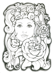 Decorative portrait of a girl with flowers in her hair. Linear hand drawing in black pencil. Suitable for print, postcard, poster, cover, magazine. Stock illustration.