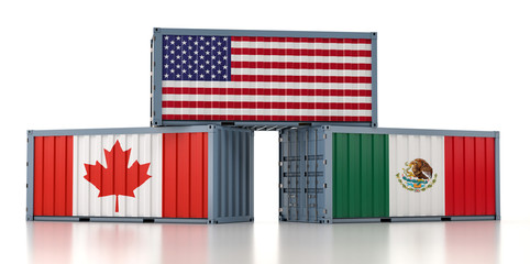 NAFTA - Freight container with USA, Canada and Mexico national flag - 3d Rendering