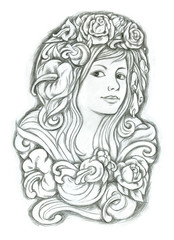 A girl in a wreath of flowers, pencil drawing for design of postcards, covers. Coloring.