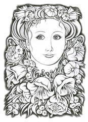 Decorative portrait of a girl with flowers in her hair. Linear hand drawing in black pencil. Suitable for print, postcard, poster, cover, magazine. Stock illustration.