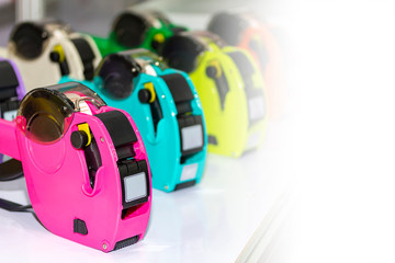 many colorful label price marker writer type single line or one line for industrial or commerce on table with copy space