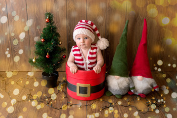 Little Santa Claus on the sleigh with Christmas tree and gifts