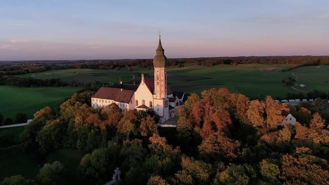 Flight at Andechs Monastery, aerial view at sunrise, Ammersee, F&uuml;nfseenland, Pfaffenwinkel, Upper Bavaria, Bavaria, Germany,