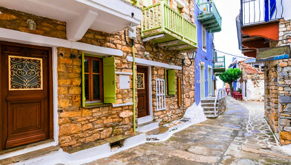 Typical streets of old traditional villages of Greece - Alonissos island, Chora village. Sporades