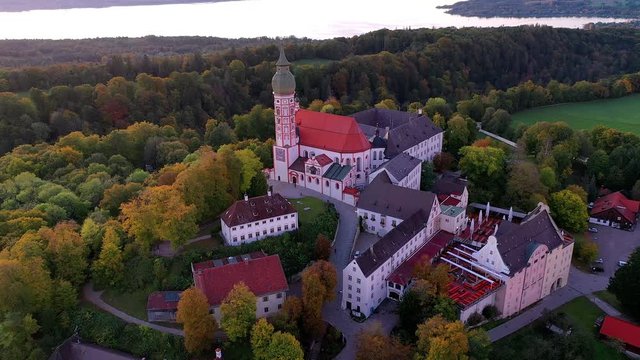 Flight at Andechs Monastery, aerial view at sunrise, Ammersee, F&uuml;nfseenland, Pfaffenwinkel, Upper Bavaria, Bavaria, Germany,