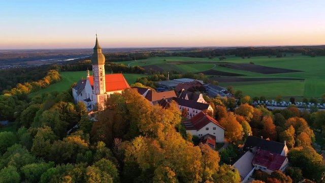 Flight at Andechs Monastery, aerial view at sunrise, Ammersee, F&uuml;nfseenland, Pfaffenwinkel, Upper Bavaria, Bavaria, Germany,