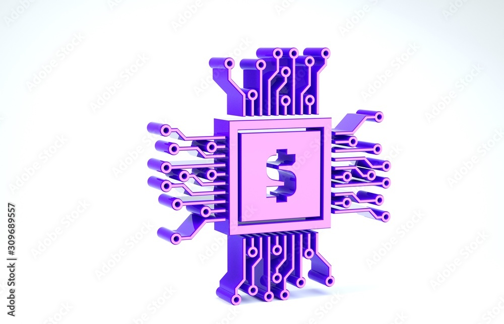 Poster purple processor chip with dollar icon isolated on white background. cpu, central processing unit, m