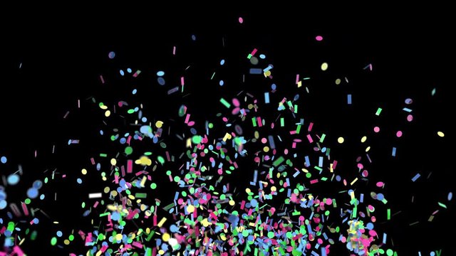 Multicolored confetti explosion with alpha chanel. 3d color realistic party holiday confetti on black background. 4k animation footage.