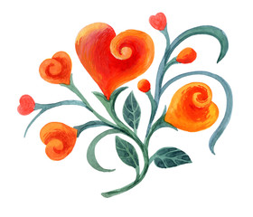 Watercolor illustration. Heart and green twigs. Stock illustration.