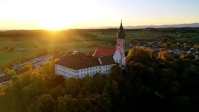 Flight at Andechs Monastery, aerial view at sunrise, Ammersee, F&uuml;nfseenland, Pfaffenwinkel, Upper Bavaria, Bavaria, Germany,