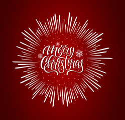 Hand sketched Merry Christmas typography lettering poster. Celebration quote for postcard, icon, logo, badge. Winter celebration vector calligraphy text isolated on red background.