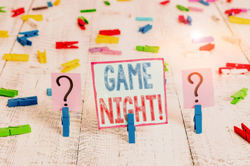 Writing note showing Game Night. Business concept for usually its called on adult play dates like...