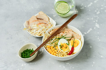 noodles bowl ramen with  chicken, egg and soybean sprouts, Japanese food. Chinese food. Thai cuisine. asian fast food