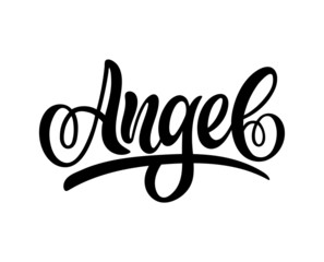 Vector lettering illustration of "Angel" text for clothes. Lucky for badge, tag, icon, print. Inspirational quote. Calligraphic background. Celebration typography poster.