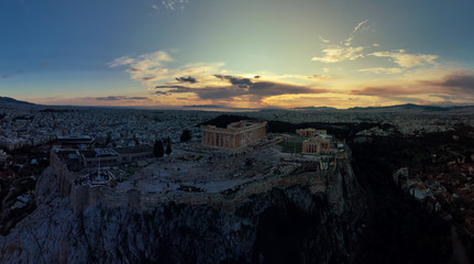 Aerial drone photo of iconic Acropolis hill and the Parthenon at dusk with beautiful sky and colours, Athens, Attica, Greece