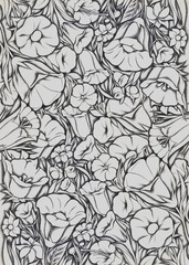 Obraz premium Floral pattern greeting card. The illustration is made in black pencil. Design for wedding invitations, valentine's day and mother's day cards, birthday.