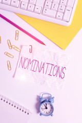 Handwriting text writing Nominations. Conceptual photo action of nominating or state being nominated for prize Flat lay above white blank paper with copy space for text messages
