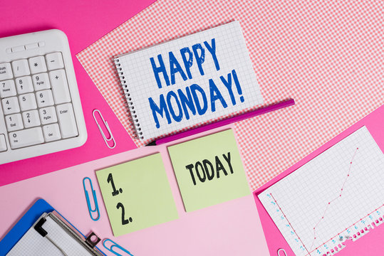 Conceptual hand writing showing Happy Monday. Concept meaning telling that demonstrating order to wish him great new week Writing equipments and computer stuffs placed on plain table
