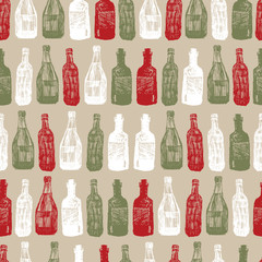 Vector beige baritalia colorful wine bottles sketch illustration seamless pattern. Perfect for fabric, restaurant menu and wallpaper projects.