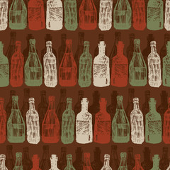 Vector dark brown baritalia colorful wine bottles sketch illustration seamless pattern. Perfect for fabric, restaurant menu and wallpaper projects.