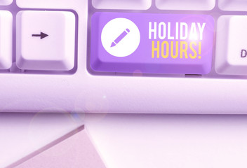 Conceptual hand writing showing Holiday Hours. Concept meaning Overtime work on for employees under...