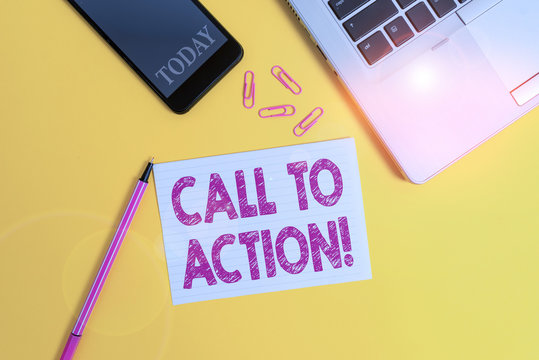 Naar de waarheid breng de actie duisternis Word writing text Call To Action. Business photo showcasing exhortation do  something in order achieve aim with problem Trendy open laptop smartphone marker  paper sheet clips colored background Stock Photo | Adobe