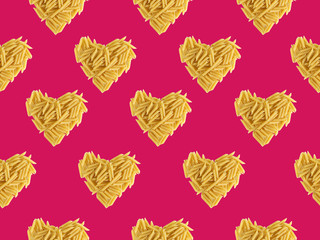 Seamless pattern with pasta on a pink background. Heart shaped pasta. Favorite Pasta