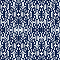 Vector image of traditional Japanese pattern with floral in hexagon, blue and white colorway concept