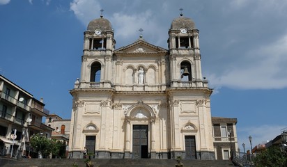 Zafferana Etnea town, Province of Catania, Sicily. Fachade of the exterior of the Cathedral Church, consecrated to Madonna della Provvidenza (Our lady of Providence), the comune patron saint.