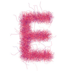 Furry font. Isolated fluffy letter E on white background. Hairy glyph for decoration. Funny style.