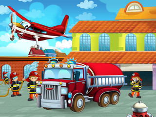cartoon scene with fireman car vehicle on the road near the fire station with firemen - illustration for children