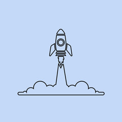 Rocket line vector icon illustration isolated on blue background. Sign of start up and strategy for web design