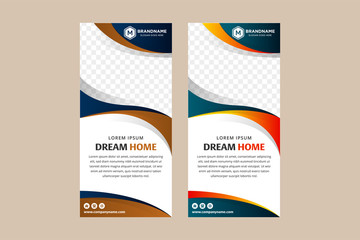 collection of vertical banner with gradient gold - blue and Orange - blue Roll Up Banner template vector, wave curve background, advertisement, display, flyer. space for photo on top